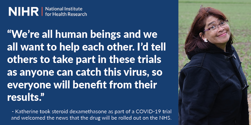 NIHRtakepart's tweet photo. A participant on the #dexamethasone arm of the NIHR-supported #RECOVERYtrial has spoken of her experience taking part while in intensive care with #COVID19.

The drug has been shown to reduce mortality for patients requiring respiratory intervention.

➡️https://t.co/Jr8awO5bPA https://t.co/M3kdW8om0o