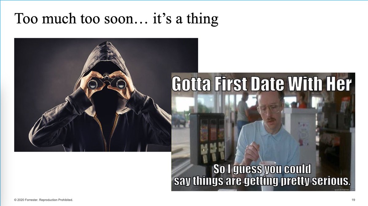 Forrester's <a href="/joannaoconnell/">Joanna O'Connell</a> calls for advertisers to reorient their approach in favor of the consumer. One way to do that: Don't creep people out with personalized ads if they don't want their data used for targeting. This slide illustrated her point perfectly. #ForrCX