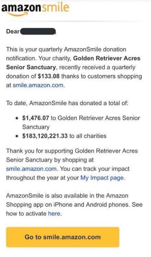 Are you shopping like crazy like I am on Amazon? 🥴 Don't forget to add GRASS (Golden Retriever Acres Senior Sanctuary) as the recipient for all your Amazon purchases through Amazon Smile! 😁💛

smile.amazon.com