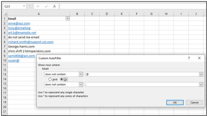 BeckyKeene's tweet image. So happy to find another handy hack to remove invalid email addresses from that spreadsheet we download from a #MicrosoftForm. I would LOVE a &quot;question type&quot; in Forms that asked for an email address that pre-validates with &quot;Not a valid email address&quot; if it&apos;s not typed correctly!