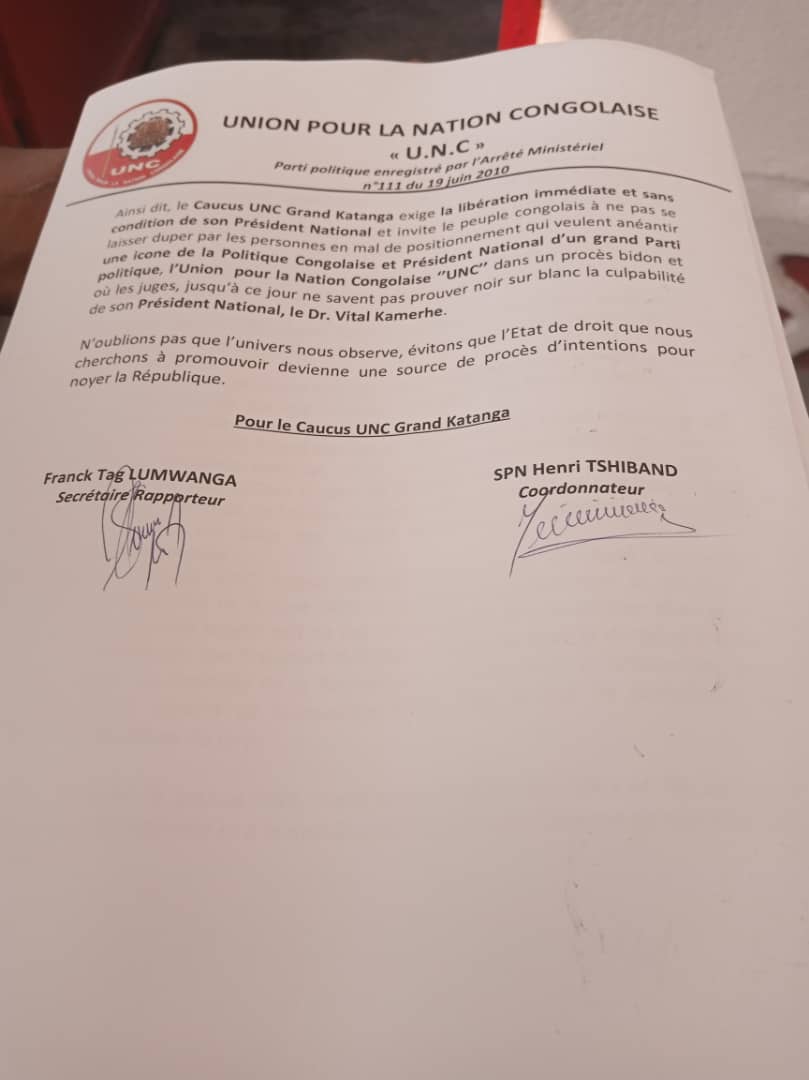 KamusakyJossar1's tweet photo. 🛑#LeCaucus UNC #GrandKatanga vient de faire sa déclaration politique soutenant son Président National, le Dr. #VitalKamerhe et par la même occasion le Caucus UNC Grand Katanga a exigé la libération immédiate et sans condition de son Président National victime d'un acharnement. https://t.co/pkkpLncYWL