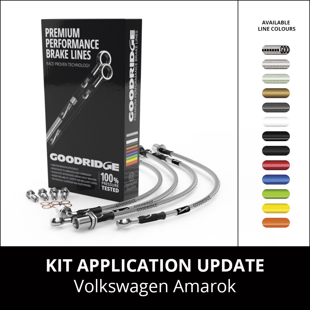 GoodridgeLTD's tweet photo. PREMIUM PERFORMANCE BRAKE LINE KIT UPDATE - VW AMAROK.
Variants now Include 2.0 BiTDI, 2.0 BiTDI 4Motion, 2.0 TDI, 2.0 TDI 4Motion, 2.0 TSI, 3.0 TDI and 3.0 TDI 4Motion models. #Goodridge #GoodridgePerformance #VWAmarok #OffRoad #Brakes #BrakeLines https://t.co/0YSP4WpkTc