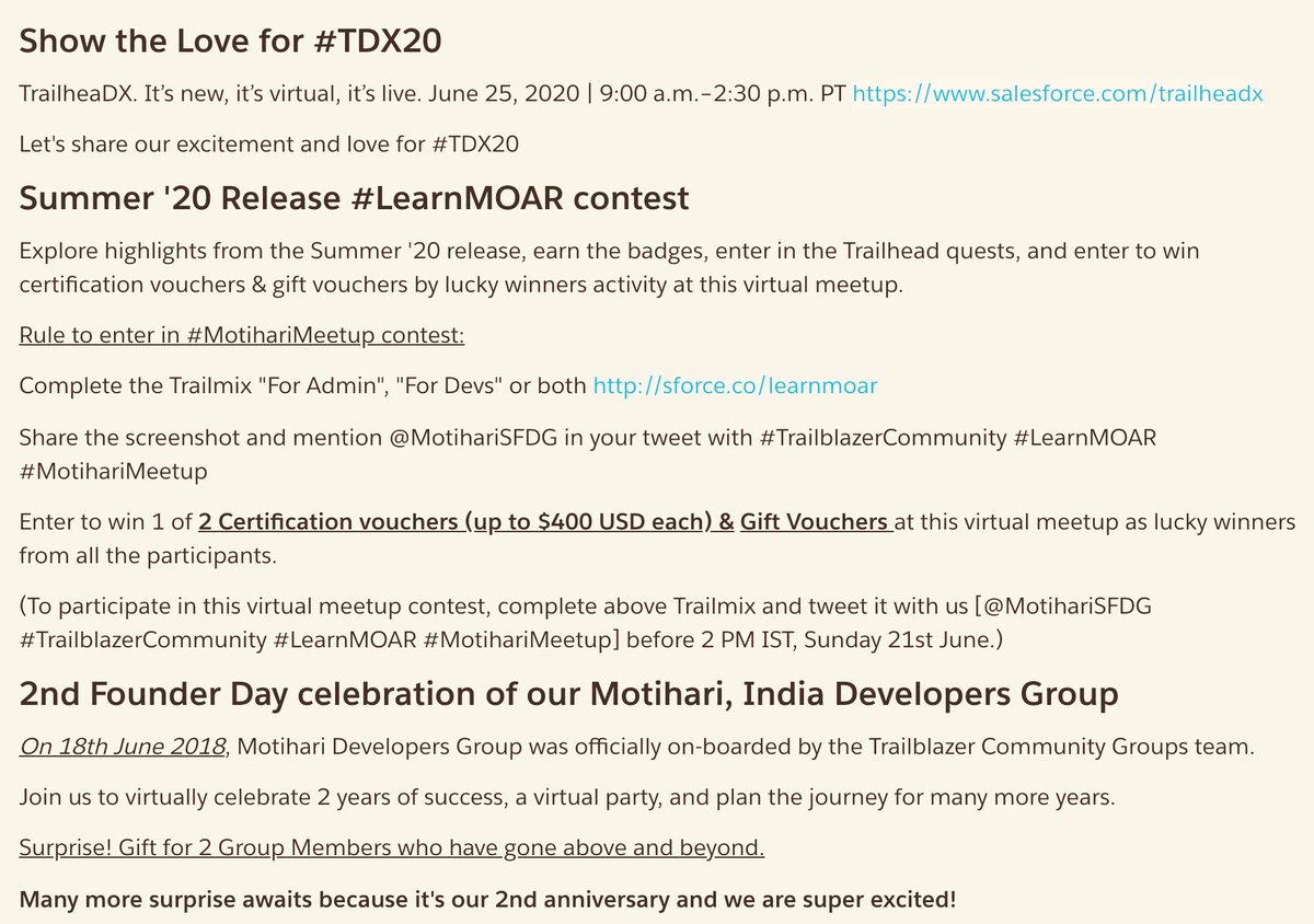 Om Prakash (@omprakash_it) on Twitter photo Today <a href="/MotihariSFDG/">Salesforce Developer Group, Motihari, India</a> turned 2, the dream of a small city is growing ahead with #Salesforce #TrailblazerCommunity.
Join virtual celebration this Sunday 5 PM, Summer '20 #LearnMOAR contest, Certification Vouchers, Gift Vouchers +Surprise!
> bit.ly/mo-in > #MotihariMeetup Today <a href="/MotihariSFDG/">Salesforce Developer Group, Motihari, India</a> turned 2, the dream of a small city is growing ahead with #Salesforce #TrailblazerCommunity.
Join virtual celebration this Sunday 5 PM, Summer '20 #LearnMOAR contest, Certification Vouchers, Gift Vouchers +Surprise!
> bit.ly/mo-in > #MotihariMeetup