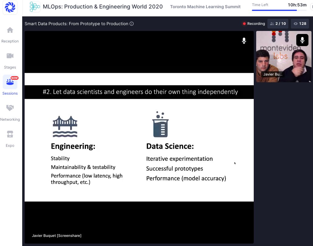 TMLS_TO's tweet photo. Great talk taking place with @mgurmendez and @jbuquet explaining smart data products: from prototype to production!
#MLOPS2020 https://t.co/6ajnBkJXrj