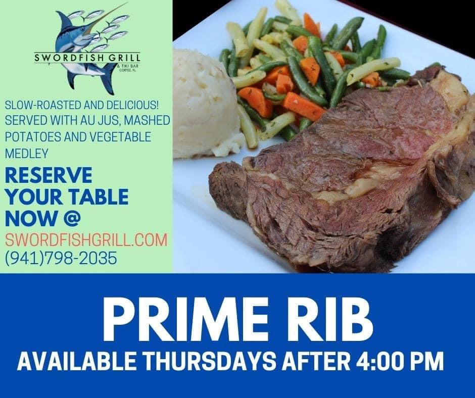 SwordfishGrill_'s tweet photo. Happy Thursday! We've got the Stockton Bros. playing on the patio this evening, 6-9 (weather permitting)! We also Prime Rib, available after 4:00. Served up hot &amp; tasty! Make your reservation now on our website, https://t.co/u8d2tLzzXH or by calling (941)798-2035! https://t.co/nks2z3Gy7F