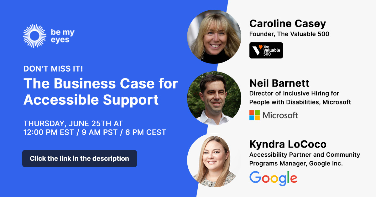 googleaccess's tweet photo. .@googleaccess is excited to join the Business Case for Accessible Support webinar hosted by @BeMyEyes. Googler, Kyndra LoCoco, will be talking about the compelling business case for accessibility support. Learn more and register→ https://t.co/PwztlLvkfA https://t.co/h727kqYMCP