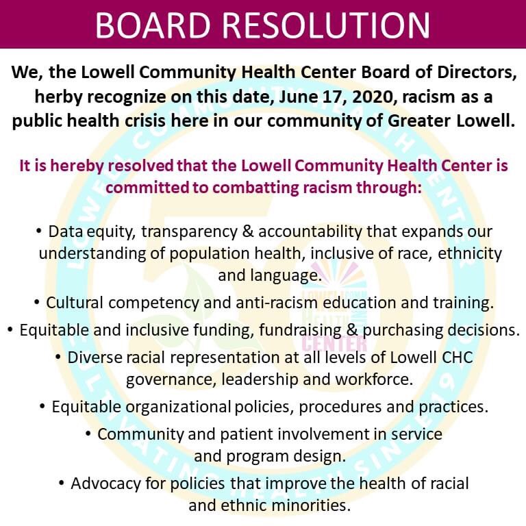lowell_chc's tweet photo. By unanimous vote of the Lowell CHC Board of Directors: The Lowell CHC Board commits to addressing racism as a public health crisis. #CaringforLowell #blacklivesmatter https://t.co/DhpnFKq5WW
