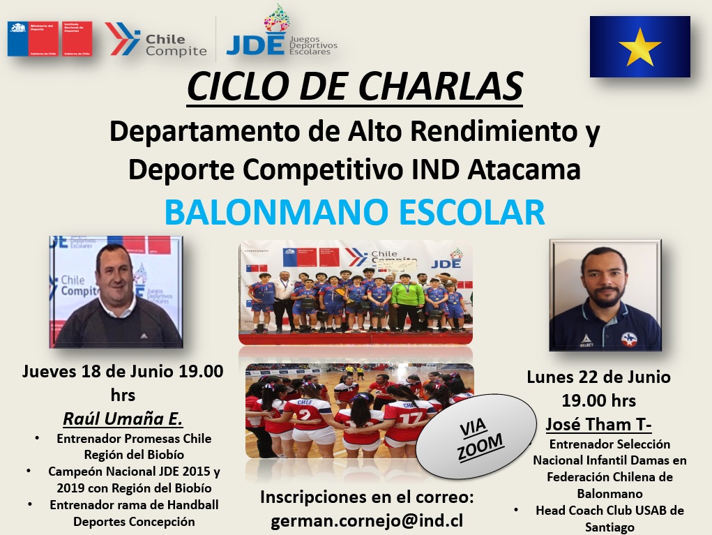 Hoy jueves 18 y lunes 22 charlas de Balonmano Escolar via zoom con inscripcion previa en el correo de la imagen, organiza IND Atacama
<a href="/CSDConcepcion/">Club Social y de Deportes Concepción</a> 
<a href="/balonmanochile/">BALONMANO CHILE</a> 
<a href="/SIgueTuDeporte/">Sigue tu Deporte</a> 
@Deporterochile 
<a href="/deportesenchile/">deportes en Chile</a> 
<a href="/DeporteChileno/">Deporte Chileno</a> 
<a href="/NDeportes/">NDeportes.cl</a> 
<a href="/AtacamaNoticias/">Atacama Noticias</a>