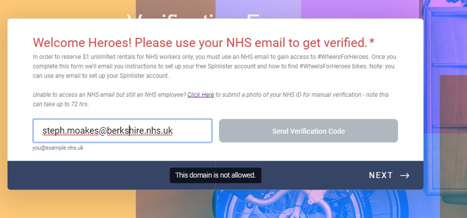 S_Moakes's tweet photo. @Wheels4Heroes Hi! I'm trying to register with Wheels4heroes to test it for our organisation but it won't let me register my email - what can I do? https://t.co/W4tc1uHC1Z
