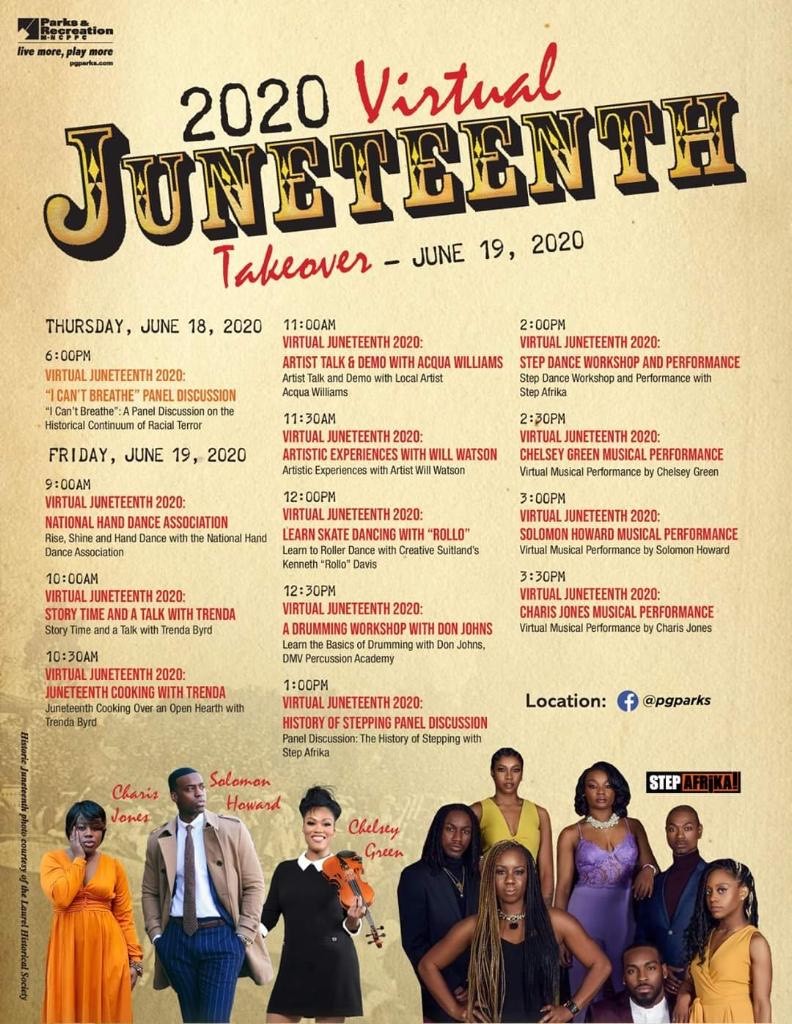 ExperiencePGC's tweet photo. @pgparks has taken their annual Juneteenth celebration virtual! This celebration will feature of variety artist talks, history lessons and activities, vendor highlights, and educational workshops. All events will be hosted on their Facebook page. #Juneteenth https://t.co/0oLJFyCce2