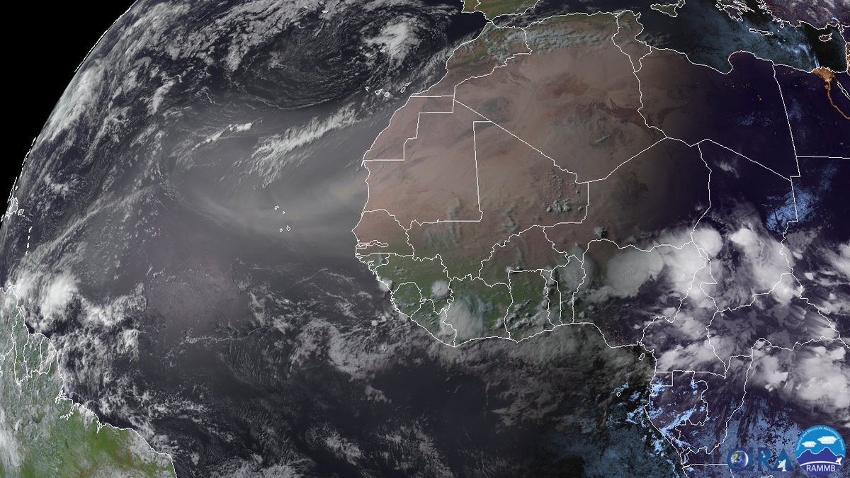 TaylorSaralloWX's tweet photo. Check out the Saharan Dust moving out over the Atlantic. The dust helps to limit tropical development. It is forecast to drift towards the US next week. If it moves far enough inland next week, this could make for some spectacular sunrises and sunsets! #alwx @spann https://t.co/xoskcLc1rO