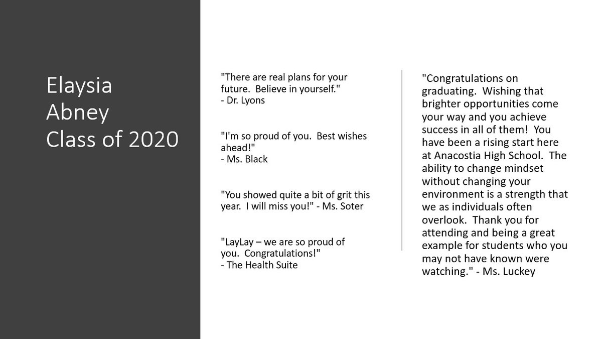 AnacostiaHigh's tweet photo. Celebration of our Class of 2020 has just begun. Over the next three weeks, we will share inspirational messages and memories tailored for each graduate.
Elaysia, These quotes highlight your growth & perseverance. We are proud of you and excited to have you as an alum. #WhyAna https://t.co/xdnmcB0ANu