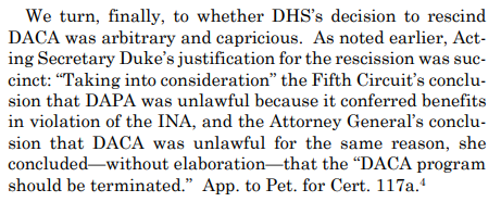 Though this part has compromise-dodge-to-maintain-majority written all over it - an outright refusal to assess whether the AG/Acting DHS Sec were right to assume DACA illegal based on CA5's DAPA ruling: