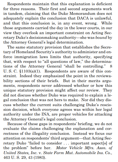 Though this part has compromise-dodge-to-maintain-majority written all over it - an outright refusal to assess whether the AG/Acting DHS Sec were right to assume DACA illegal based on CA5's DAPA ruling: