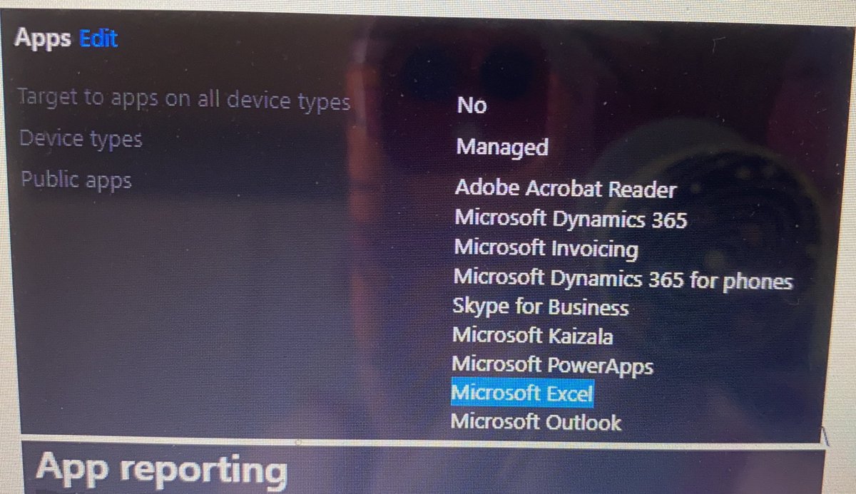 it_person1's tweet photo. @IntuneSuppTeam Well this is odd... about:intunehelp claims Excel completed a policy check in, the app reporting shows that Excel isn’t even set to get policy, and the actual policy shows Excel is selected as one of the options. (Please excuse low quality screenshots) https://t.co/7LfvHvtgkb