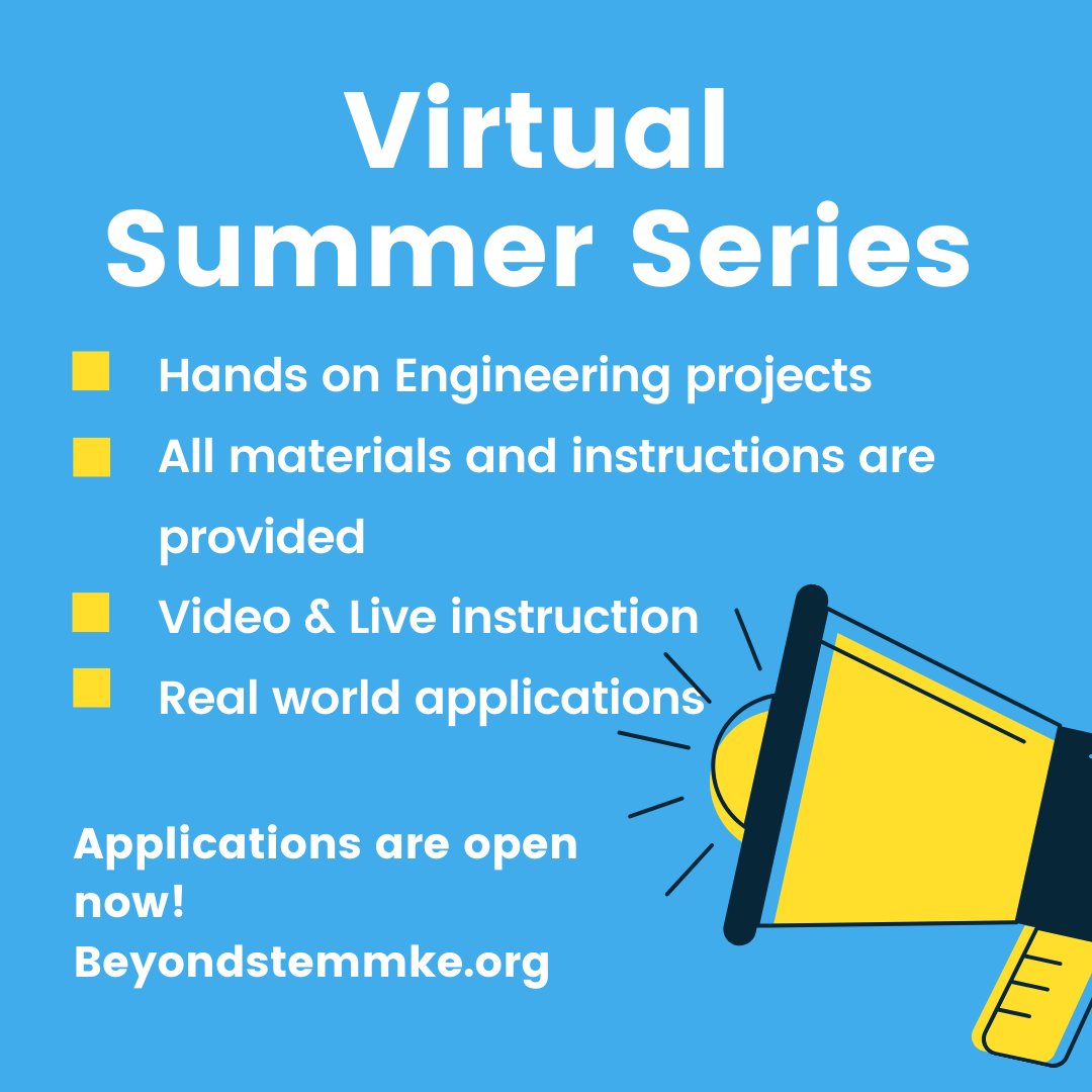 Join us for our Virtual Summer Series! Students will engage in hands on projects focused in Mechanical and Electrical Engineering.  

Middle School students apply now: ow.ly/CqWA50AaoIg 

Visit beyondstemmke.org to learn more
#stem #engineering #education