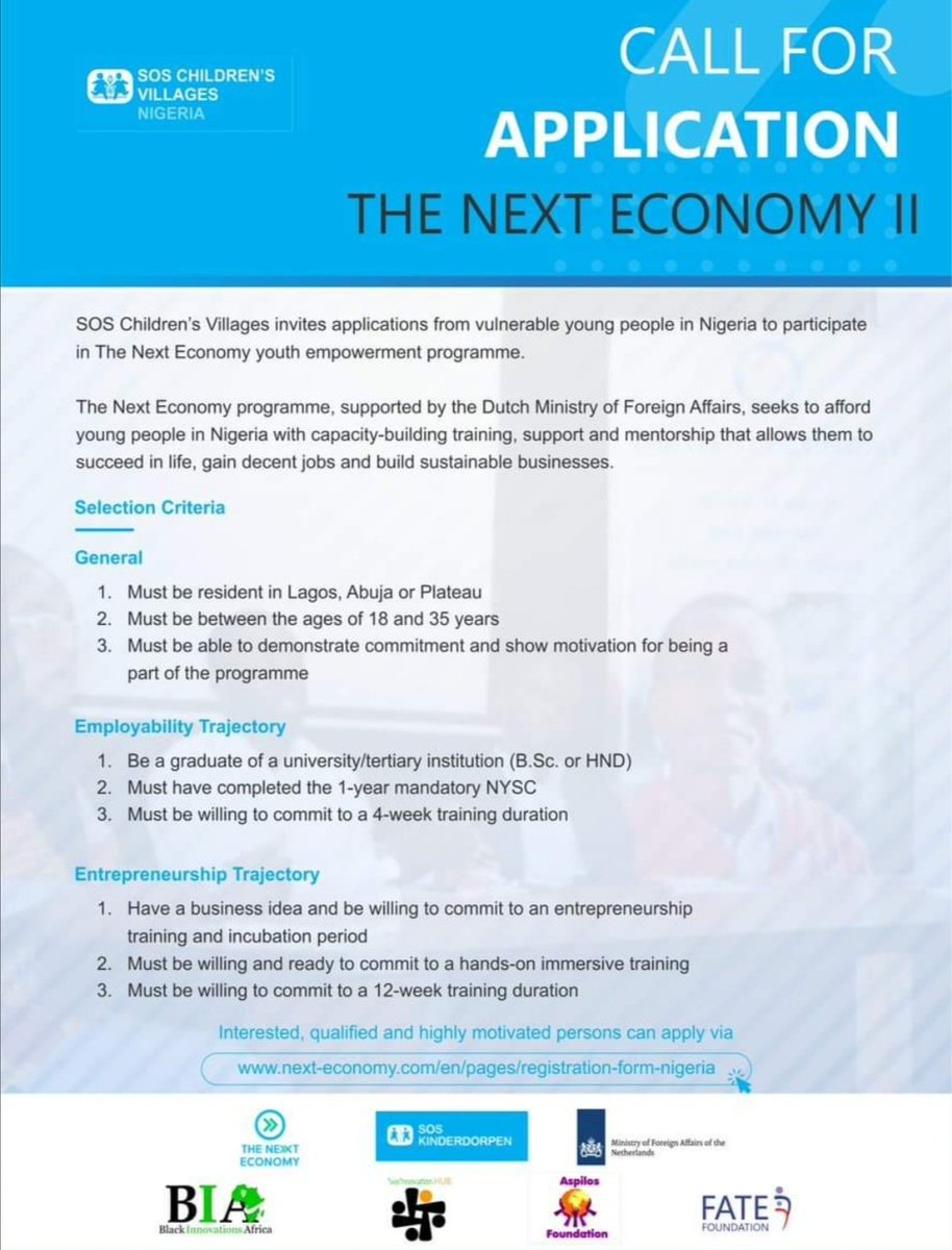 career_elevator's tweet photo. SOS Children’s Villages Nigeria

Are you young, innovative and looking out for employment opportunities or entrepreneurial ventures?

The Next Economy programme was designed just for you. https://t.co/v5EJ6GjLaF