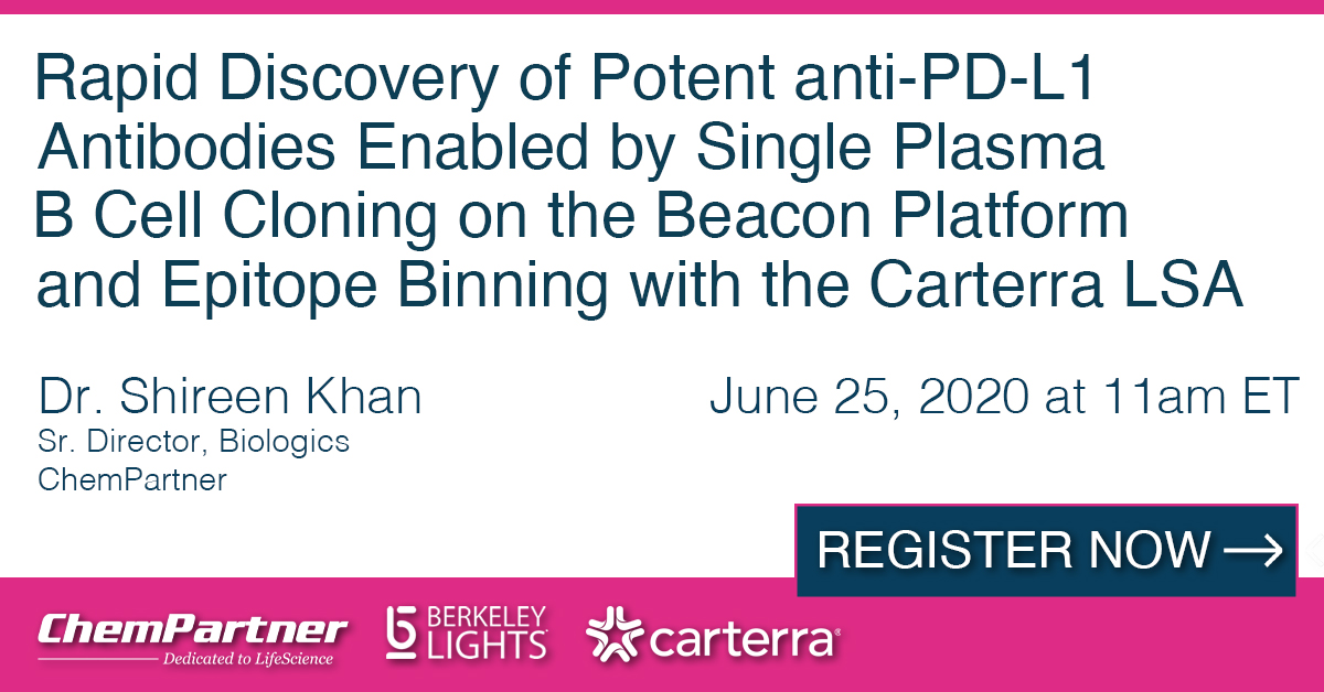 ChemPartner's tweet photo. Webinar! June 25th at 11am ET, Dr. Shireen Khan presents on the rapid discovery of potent anti-PD-L1 antibodies. Live Q&A session. Click here to register: https://t.co/KKsaTE9u9j
@berkeley_lights @carterra_bio
#drugdevelopment #drugdiscovery #biologics #antibodies #bcellcloning https://t.co/oRvIueZnGE