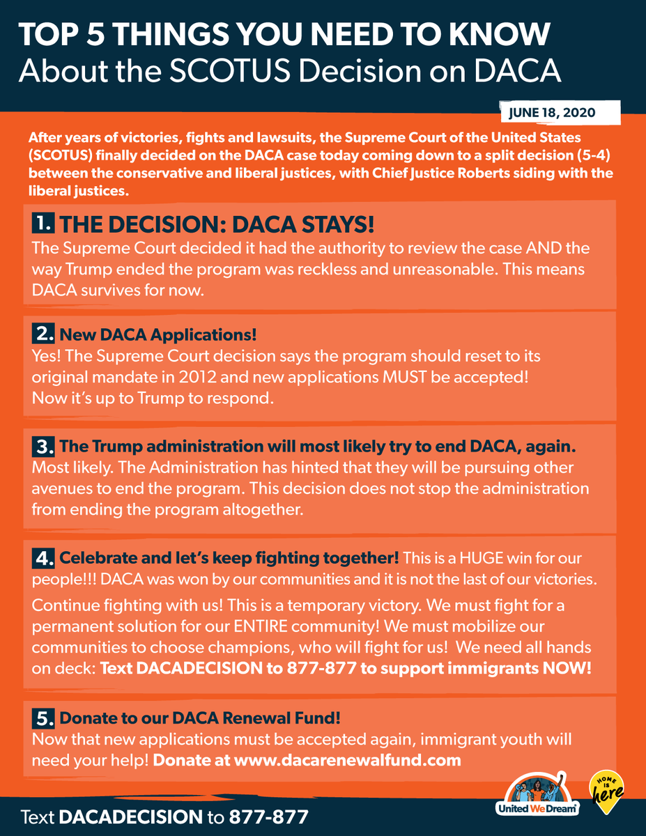 Today, the Supreme Court protected DACA, a victory immigrant youth fought decades for! Please see the attached flier for a summary and information about this momentous decision, and thank you to <a href="/UNITEDWEDREAM/">United We Dream 🍊</a> for putting it together.