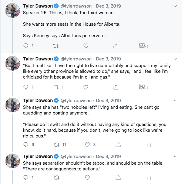 Here are my four or so tweets from when she was speaking at the fair deal panel town hall in Edmonton