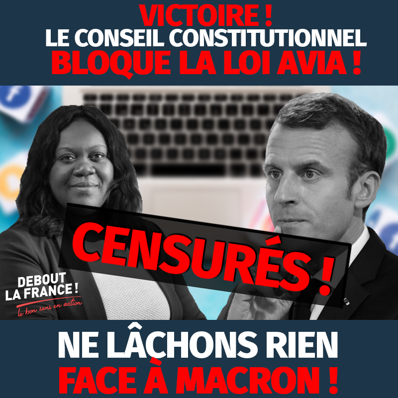dupontaignan's tweet photo. 🚨Le Conseil Constitutionnel bloque la loi Avia qui accordait aux réseaux sociaux le pouvoir des juges, pour supprimer arbitrairement des contenus. Notre mobilisation pour défendre la liberté d'expression a payé ! Continuons à lutter contre les dérives liberticides de ce pouvoir. https://t.co/34GvxOIt95