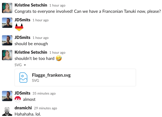 dnsmichi's tweet photo. In celebration of our @paesslerAG goes @gitlab webcast:

@PlanetKristine asked for a Franconian Tanuki emoji in Slack.
@J_D_Smits for the rescue 🦊

#everyonecancontribute #LifeAtGitLab https://t.co/cMqTDJMK2k