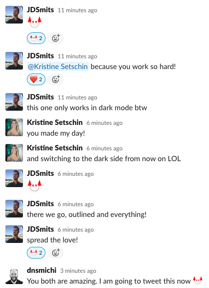 dnsmichi's tweet photo. In celebration of our @paesslerAG goes @gitlab webcast:

@PlanetKristine asked for a Franconian Tanuki emoji in Slack.
@J_D_Smits for the rescue 🦊

#everyonecancontribute #LifeAtGitLab https://t.co/cMqTDJMK2k