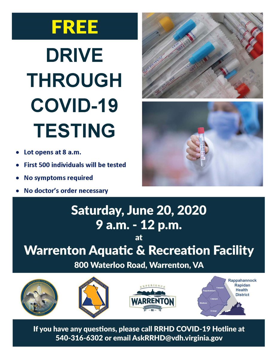 FCPS1jobs's tweet photo. FREE COVID-19 TESTING! Saturday, June 20, 2020 at the WARF. NO SYMPTOMS REQUIRED! NO DOCTOR’S ORDERS NECESSARY! From 9-12! #covid19 #testing #fauquiercounty #free #spreadtheword #stopthespread https://t.co/pEne24VjHS