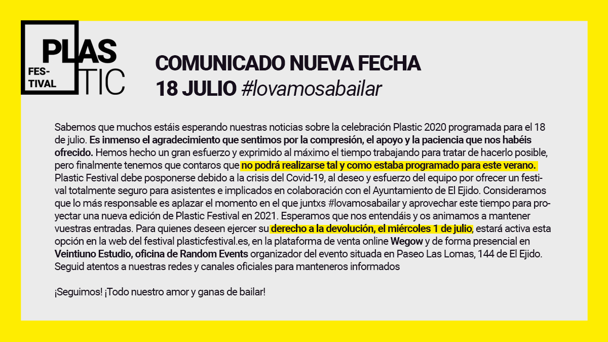 COMUNICADO OFICIAL: PLASTIC 2020 APLAZADO👉 Desliza a la derecha para ver el comunicado completo. Intentamos resistirnos a este mensaje y alcanzar la inmunidad, pero lo más importante al final, es vuestra seguridad. ¡Gracias por tanto! 💛 ¡Seguimos!
