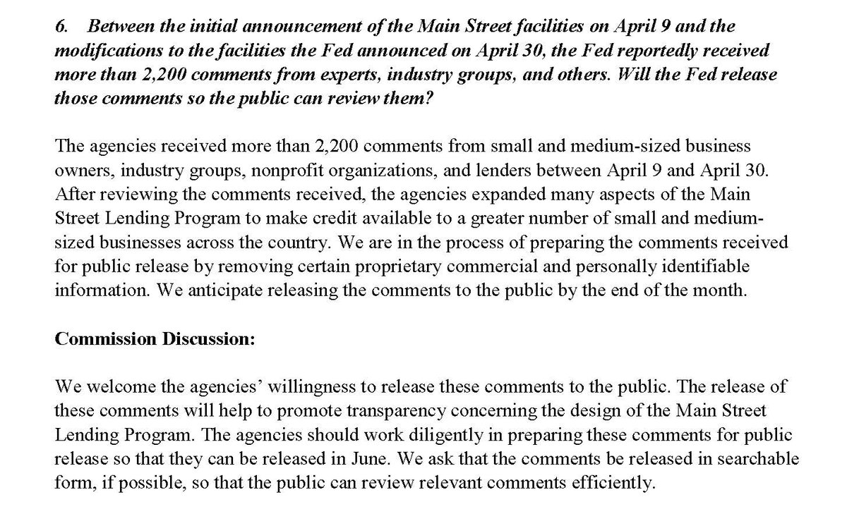 The Treasury and the Fed have also committed to releasing all 2200+ comments they received about the Main Street program. We’ve asked them to release the comments in searchable form so the public can more easily review them. 6/