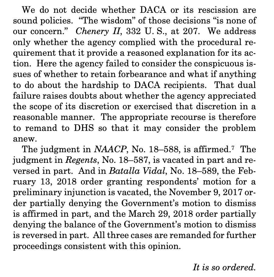 And finally, the court remands the cases to DHS, which basically needs to go through proper notice and comment procedures in order to get rid of  #DACA.
