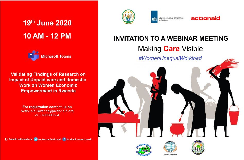 Dear Followers,plz join us tomorrow 19 June 2020 from 10am to 12pm, in a webinar meeting to validate countrywide research findings on effects of #UnpaidCare & #DomesticWork on #WomenEmpowerment in #Rwanda. For registration,plz contact us on +250788506354. 

#WomenUnequalWorkload