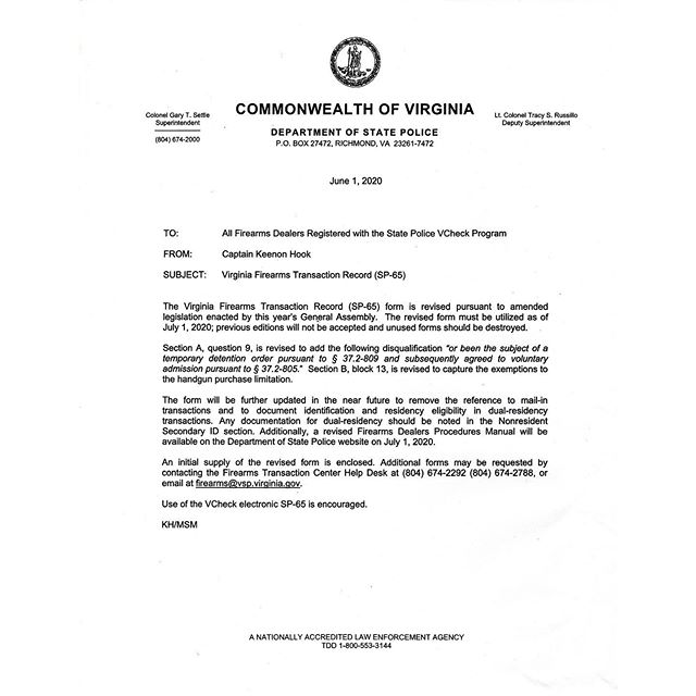 Master_Gunsmith's tweet image. This is the new Virginia State Police SP-65 form used for firearms transfers 1 July 2020 and forward. Also, the letter sent to all FFLs registered with the VSP VCheck program.
.
An updated version of the Firearms Dealers…

📸 instagram.com/p/CBlLk_KpuXS/ via tweet.photo