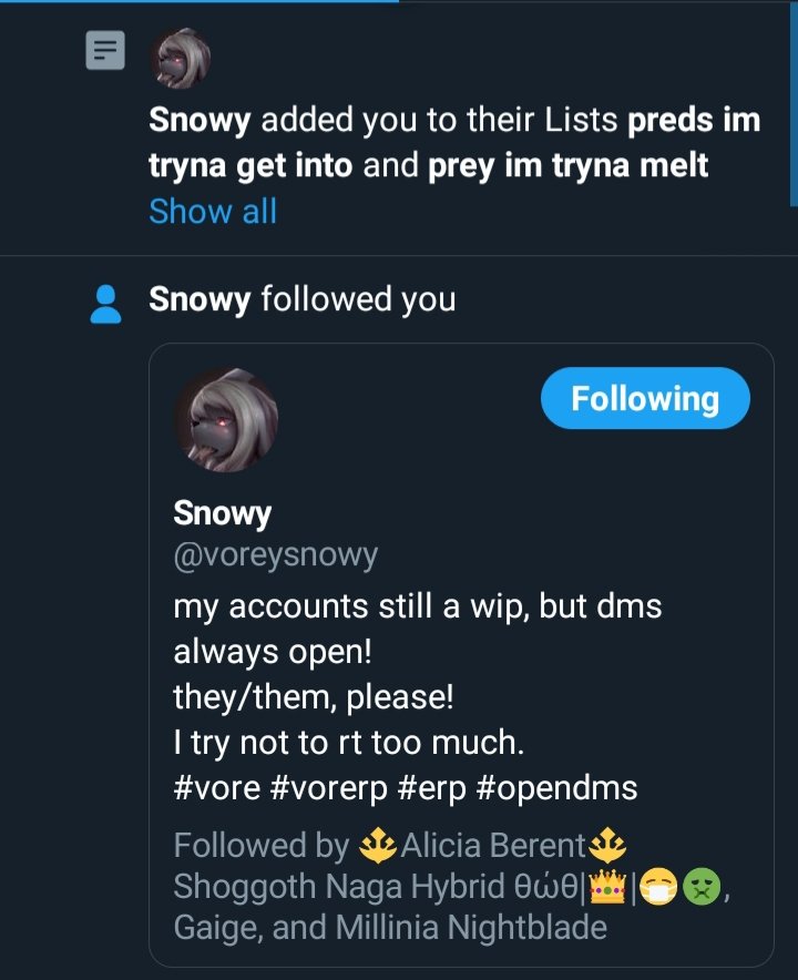 'Well well. I see I have been recognized. Thank you for the follow and adding me to your list  my Darling @voreysnowy '