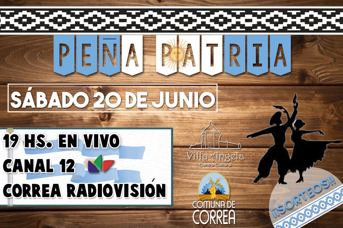 🗓 20 DE JUNIO | DÍA DE LA BANDERA

⏩Grilla de actividades:
✅8:00 hs. Izamiento de Bandera en el Mástil de Plaza San Martín.
✅16:00 hs. Entrega de Tortas Fritas en el Edificio Comunal (por el portón de 25 de Mayo).
✅19:00 hs. 2da Peña Patria en vivo por Correa Radiovisión.