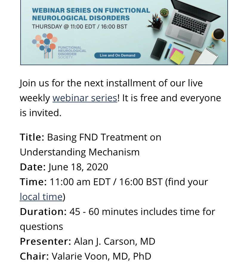 LaFaverMD's tweet photo. Great talk going on now by @AlanCarson15 on treatment of FND, you can watch the recorded version later and sign up for upcoming talks on the @FNDSociety website! @valvoon @AANMember https://t.co/xhS9z4migy
