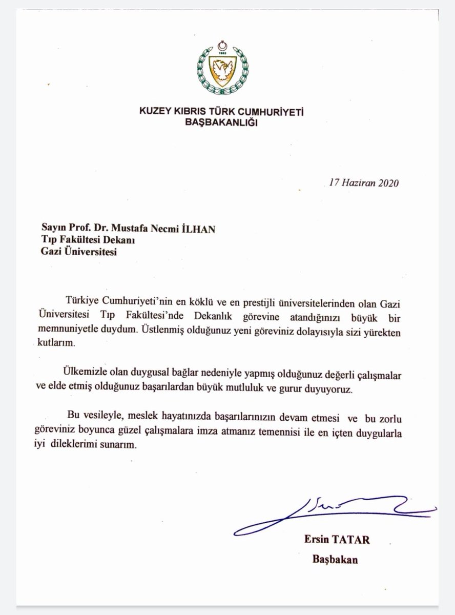 profdrmnilhan's tweet photo. Gazi Üniversitesi Tıp Fakültesi Dekanlığına atanmam nedeniyle, yürekten başarı mesajı ile bizi onurlandıran
Kuzey Kıbrıs Türk Cumhuriyeti Başbakanımız Sn. Ersin TATAR Beyefendiye şükranlarımı arz ediyorum.
Şehitİlhanlar ilelebet KKTC iledir. 
@kktc_bbbasin
@Gazi_Universite https://t.co/tatGszghoG