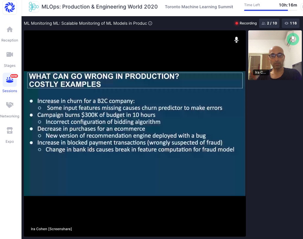 TMLS_TO's tweet photo. @IraIracohen is providing great insight towards monitoring Machine Learning and scalable monitoring of machine learning models in production environments!
#MLOPS2020 https://t.co/W5VOi78lj8