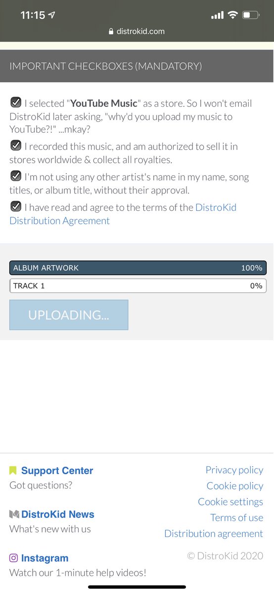 SeanyAMusic's tweet photo. hey @DistroKid it’s been stuck saying “uploading” for 10 mins now. should i refresh and try again or what do I do? https://t.co/qBwBp2ZNP9