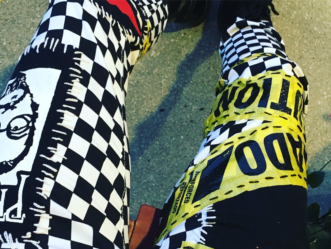 Rubiks_human's tweet photo. Ye ole Jerry was a Racecar Driver themed Primus pants I’ve made. I never did finish the 442 Oldsmobile but I still wear them. A lil DEVO splash also #diypunx #punx https://t.co/HqfOdnaK9H