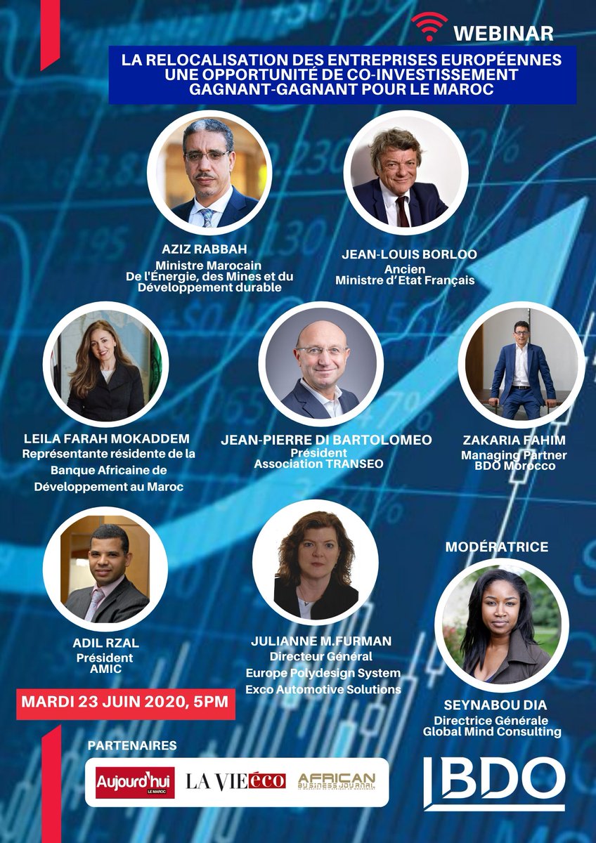 📣 La #Relocalisation des #entreprises européennes, une #opportunité de co-investissement gagnant-gagnant pour le #Maroc est le thème du prochain #webinar de <a href="/BdoMorocco/">BDO Morocco</a>   

Inscriptions sur 👉 bit.ly/BDORelocalisat…

#BDOMOROCCO