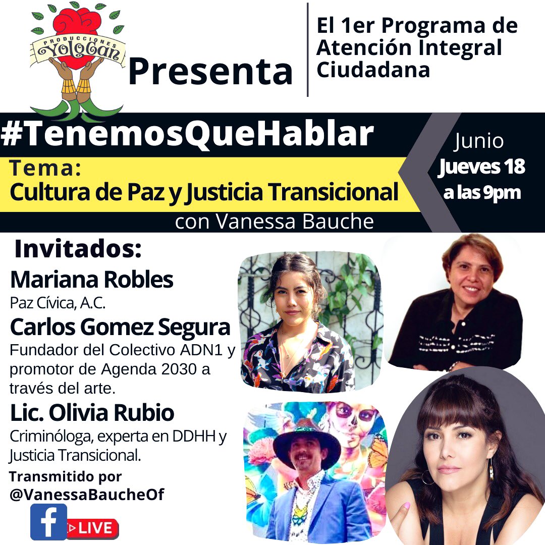 🔴EN VIVO | HOY| 9pm 
#TenemosQueHablar con @VanessaBauche y la Ayuda Especializada 

Temas:
#CulturaDePaz y #JusticiaTransicional 
¿Que significan? ¿Podemos acceder a ellas? 

Invitados: 
@PazCivica #ColectivoADN1 #OliviaRubio POR: facebook.com/VanessaBaucheO…