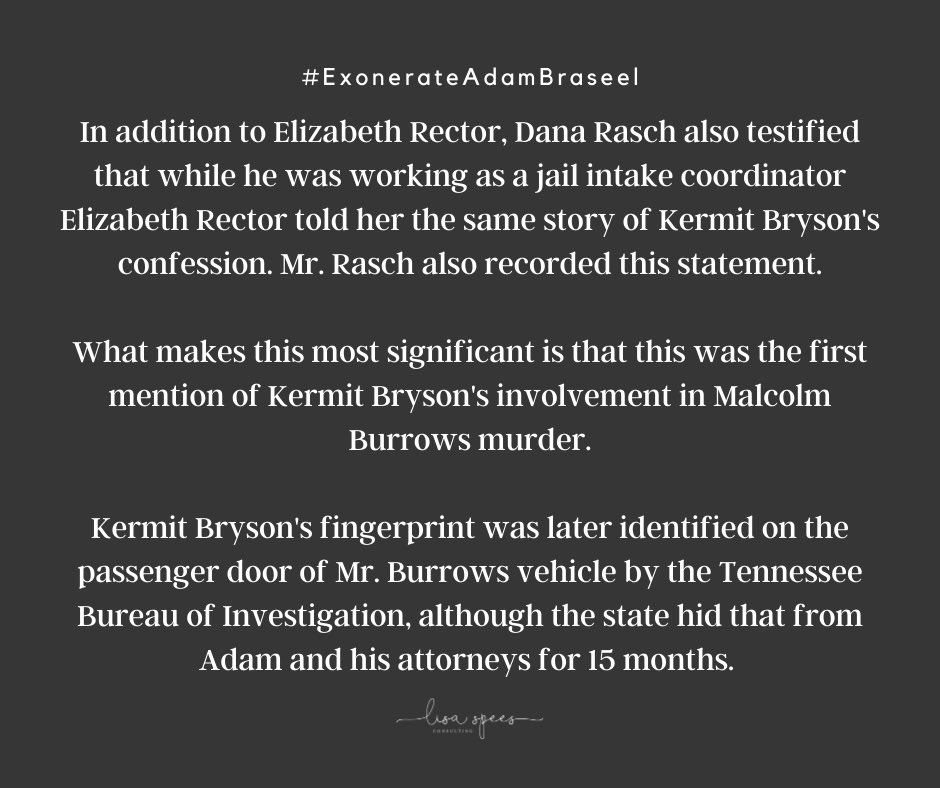 Elizabeth Rector’s testimony was solidified by the discovery of Kermit Bryson’s fingerprint in Malcolm Burrows car. This evidence exonerates Adam Braseel. #ExonerateAdamBraseel