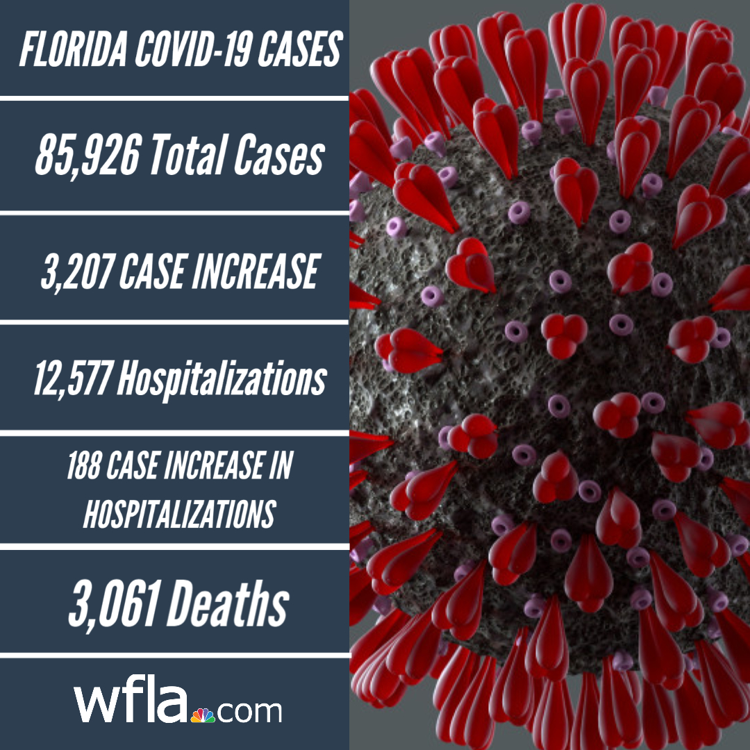 Mere Censullo (@tvmeredyth) on Twitter photo The <a href="/HealthyFla/">Florida Dept. of Health</a> is reporting 3,207 new COVID-19 cases across the state and 43 new deaths, nine of which are from the Tampa Bay area. bit.ly/2zMpZac The <a href="/HealthyFla/">Florida Dept. of Health</a> is reporting 3,207 new COVID-19 cases across the state and 43 new deaths, nine of which are from the Tampa Bay area. bit.ly/2zMpZac