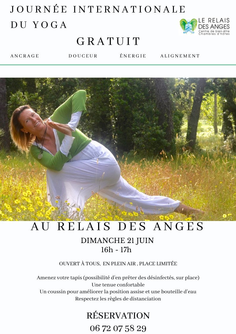 relaisdesanges's tweet photo. JOURNÉE INTERNATIONALE DU YOGA, le dimanche 21 Juin, séance de yoga offerte par Brigitte Bruyez au Relais des Anges, autour de la piscine, tout en respectant les règles de distanciation. Curieux ou expert, soyez les premiers à réserver votre place.
Avec simplicité et joie. https://t.co/G3tjBmnNFS