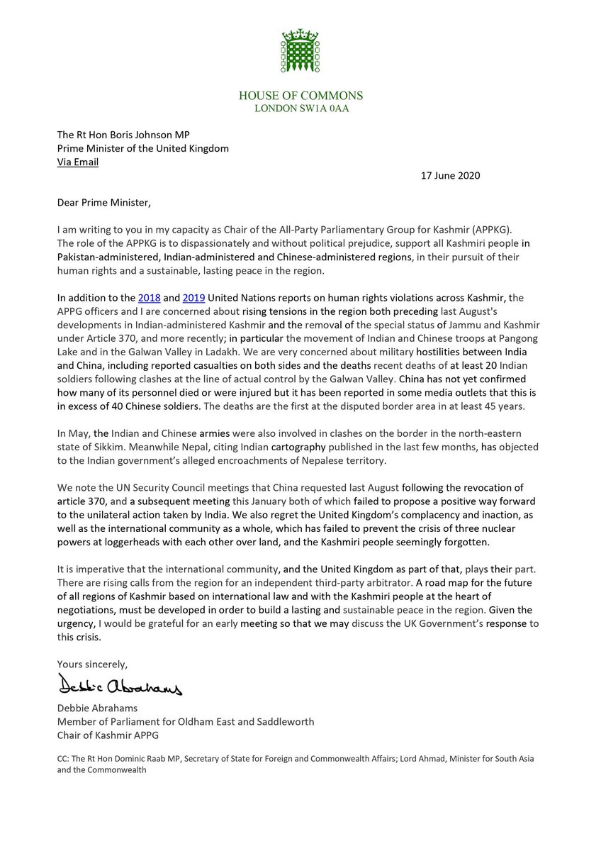 Debbie_abrahams's tweet photo. As Chair of the APPG for #Kashmir, I've written to the Prime Minister asking for a meeting about the crisis between India &amp; China on the line of actual control #Ladakh. The UK &amp; international community must act to avert a global catastrophy  #Kashmircrisis https://t.co/ihHm14gR7K