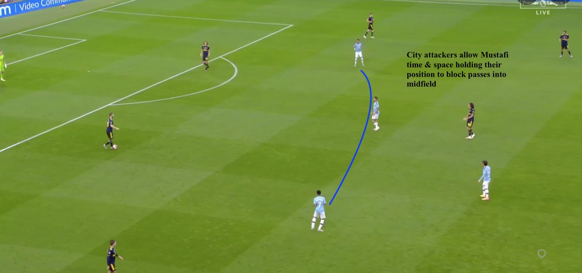 Man City's calculated 'scissor press'In their game vs Real Madrid,we talked about the City attackers' pressing triggers becoming more calculated. This continued-often if an Arsenal CB was looking to pass out from the back they'd hold their position & block passes into midfield