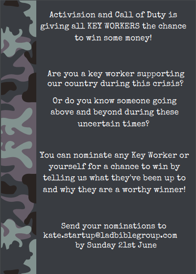 CALLING ALL KEY WORKERS!!
Nominate your favourite key worker heroes in order for them to take part in an exciting shoot where they can win cash prizes! Email kate.startup@ladbiblegroup.com     #keyworker #keyworkers #EssentialWorkers #NHS #nhsstaff #lockdown #lockdown2020
