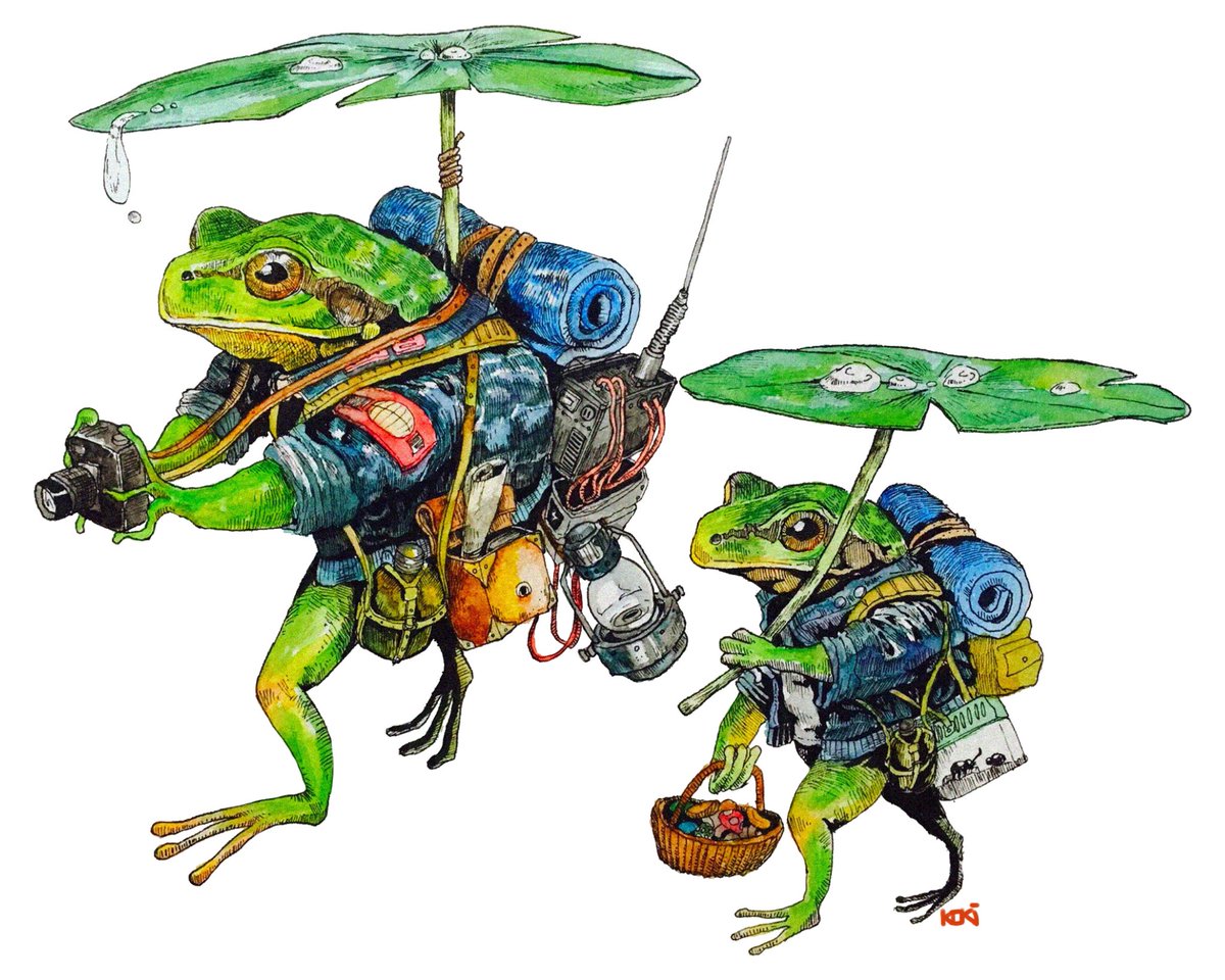 カエルの親子 ペン 水彩 絵描きさんと繋がりたい Illustration ふぁんねるのイラスト