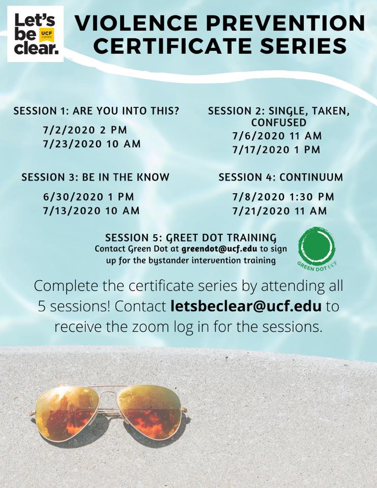 UCFOIE's tweet photo. Violence Prevention Certificate Series workshops for Summer B are open. All workshops will be via Zoom. Look forward to zooming with you. #ucf #greendotucf #knightsbeclear #titleixatucf https://t.co/dqRevT5yTr